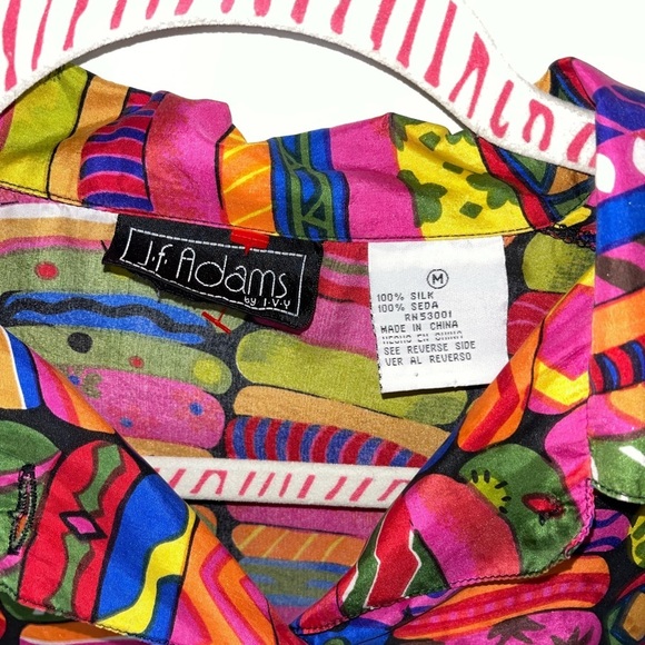 Vintage 80’s Style Colorful Patterned Button-Up Long sleeve Silk Shirt Medium - Picture 2 of 3